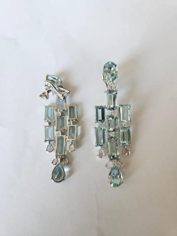 Natural Aquamarine Gemstone Chandelier Earrings - 18k White Gold Diamond Handmade Dangle Earrings