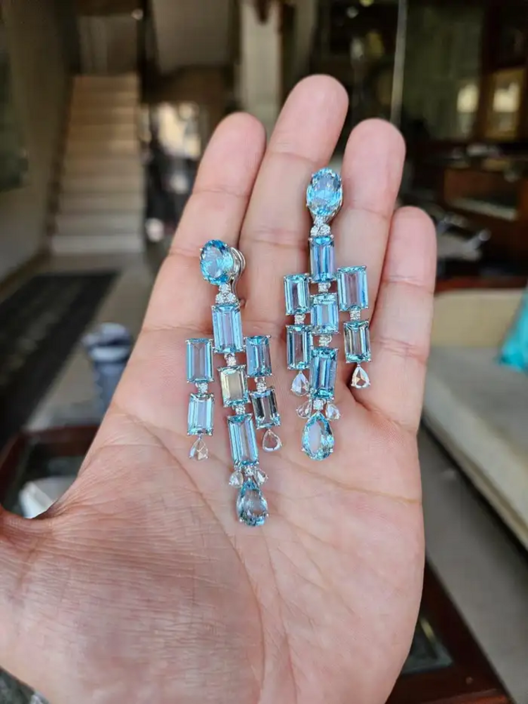 Natural Aquamarine Gemstone Chandelier Earrings - 18k White Gold Diamond Handmade Dangle Earrings