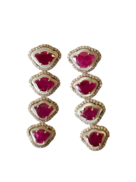 Natural Mozambique Ruby & Pearl Dangle Earrings - 18k Gold Diamond Bridesmaid Earrings