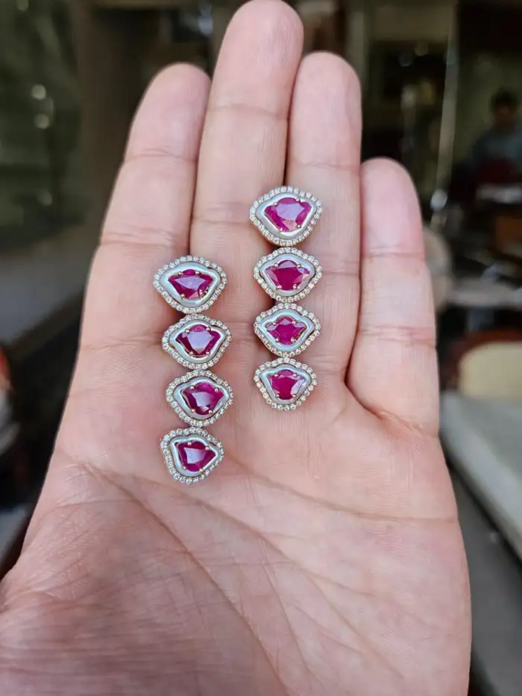 Natural Mozambique Ruby & Pearl Dangle Earrings - 18k Gold Diamond Bridesmaid Earrings