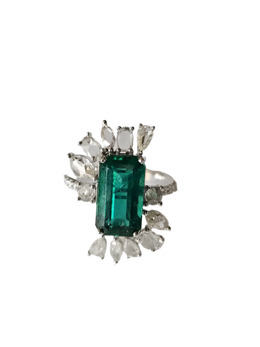 18k White Gold 4.07 Ct. Zambian Emerald Ring - Natural Rose Cut Diamond Engagement Ring