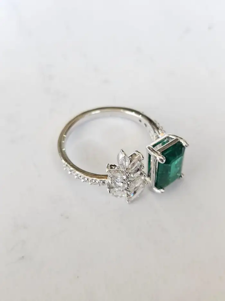 Natural Zambian Emerald Cuff Ring - 18k White Gold Rose Cut Diamond Wedding Ring
