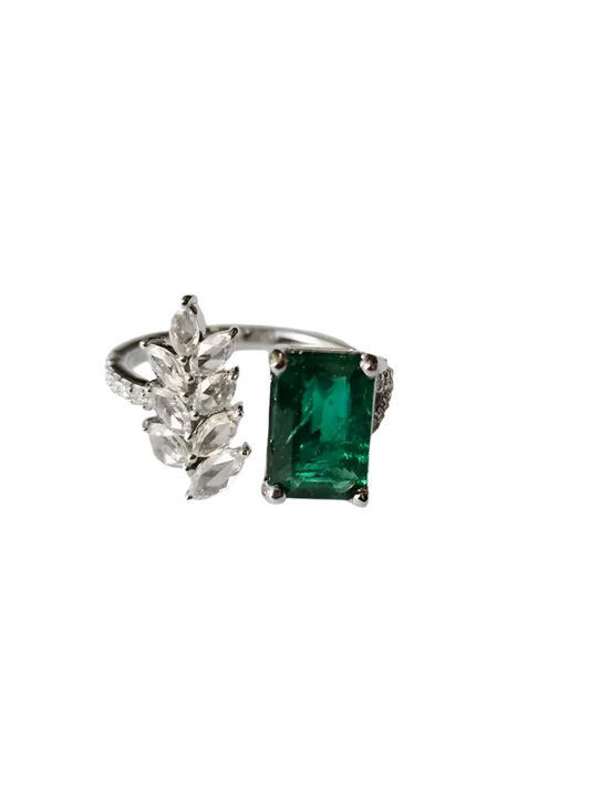 Natural Zambian Emerald Cuff Ring - 18k White Gold Rose Cut Diamond Wedding Ring