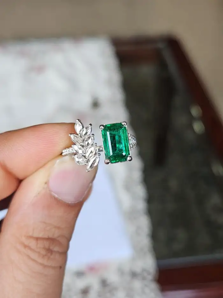 Natural Zambian Emerald Cuff Ring - 18k White Gold Rose Cut Diamond Wedding Ring