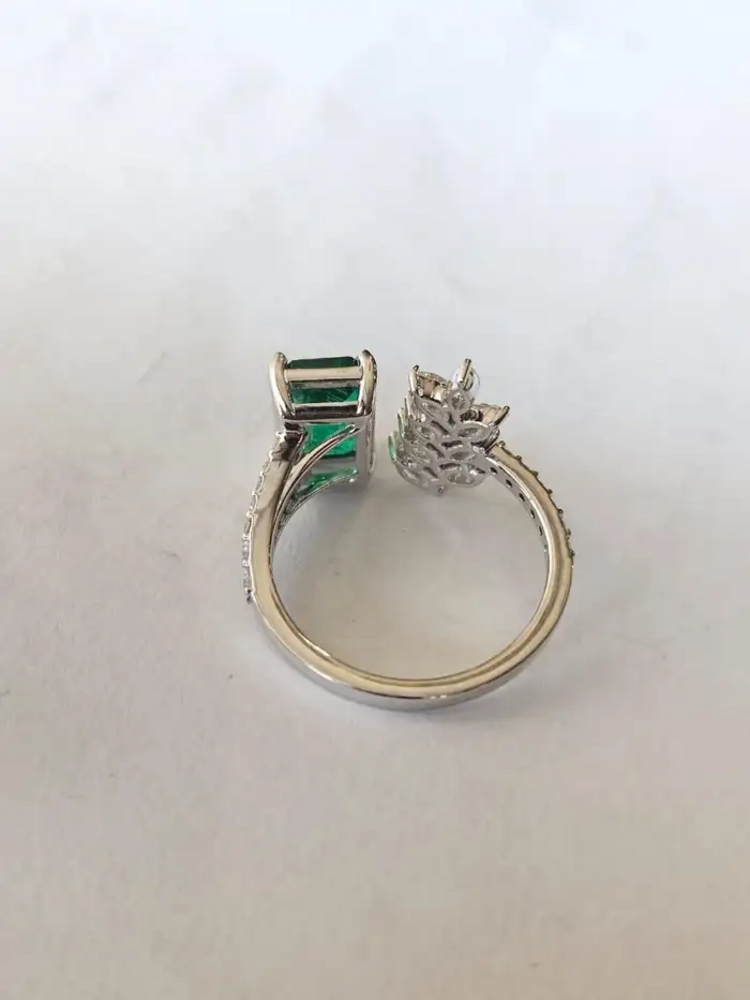 Natural Zambian Emerald Cuff Ring - 18k White Gold Rose Cut Diamond Wedding Ring