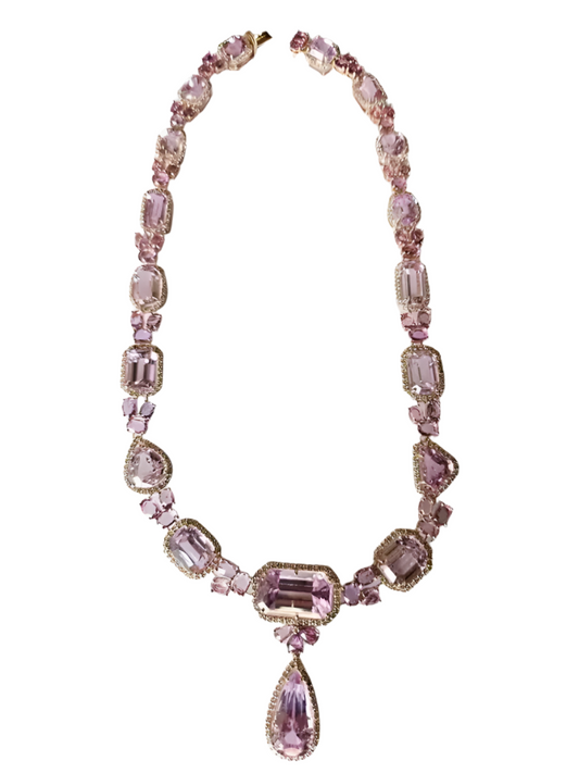 Natural Ceylon Pink Sapphire & Kunzite Necklace - 18k Rose Gold Diamond Necklace - Best Anniversary Gift