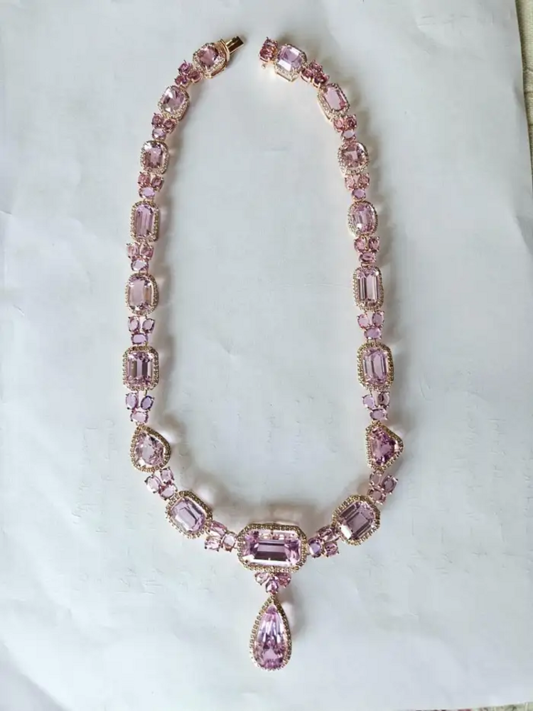 Natural Ceylon Pink Sapphire & Kunzite Necklace - 18k Rose Gold Diamond Necklace - Best Anniversary Gift