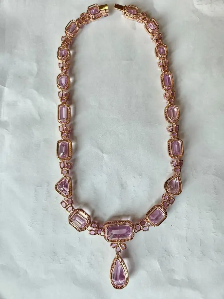 Natural Ceylon Pink Sapphire & Kunzite Necklace - 18k Rose Gold Diamond Necklace - Best Anniversary Gift