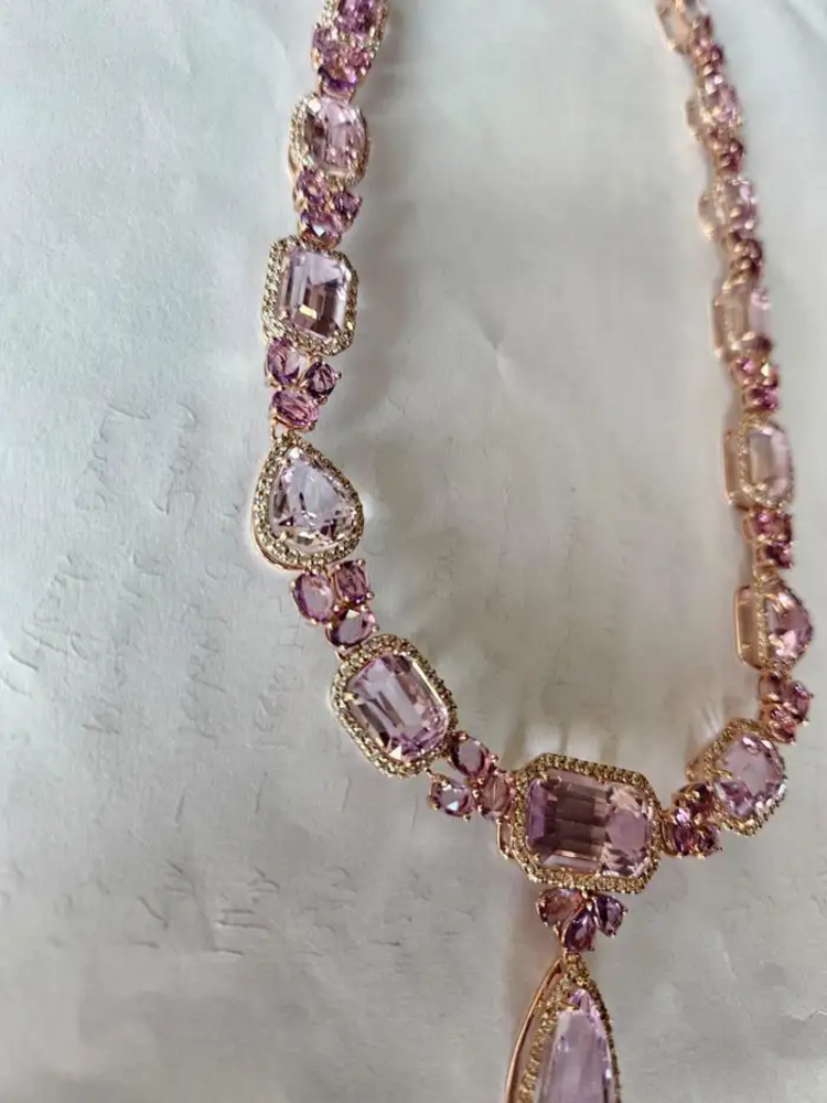 Natural Ceylon Pink Sapphire & Kunzite Necklace - 18k Rose Gold Diamond Necklace - Best Anniversary Gift