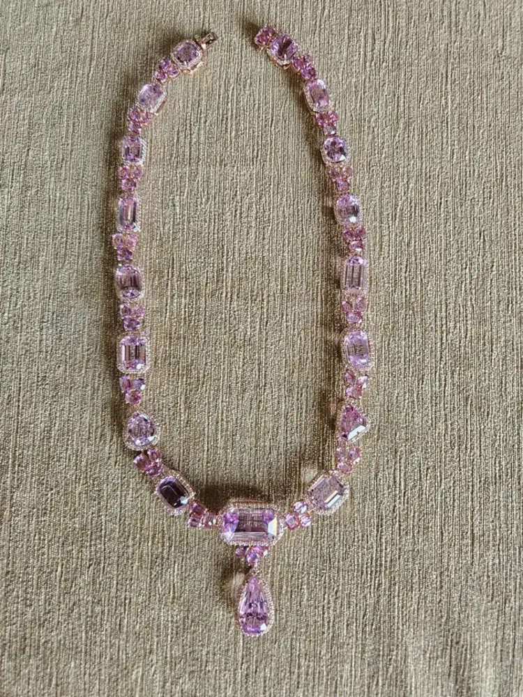 Natural Ceylon Pink Sapphire & Kunzite Necklace - 18k Rose Gold Diamond Necklace - Best Anniversary Gift