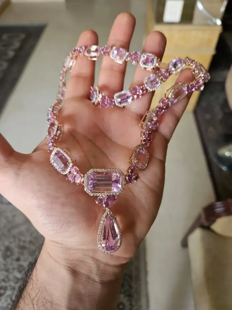 Natural Ceylon Pink Sapphire & Kunzite Necklace - 18k Rose Gold Diamond Necklace - Best Anniversary Gift