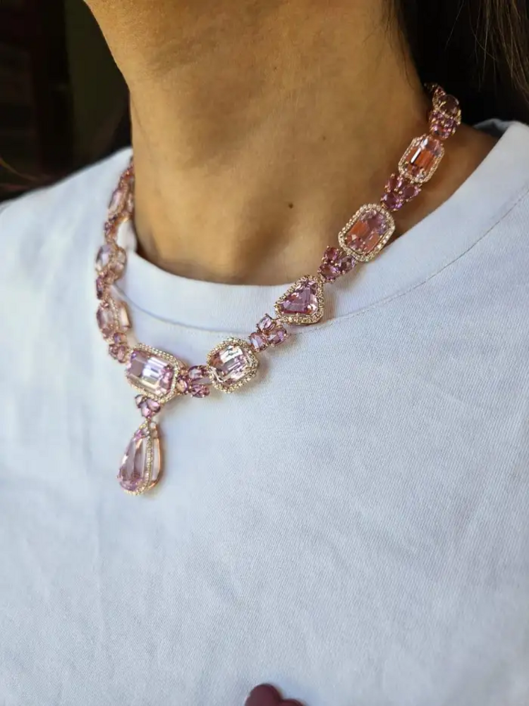 Natural Ceylon Pink Sapphire & Kunzite Necklace - 18k Rose Gold Diamond Necklace - Best Anniversary Gift
