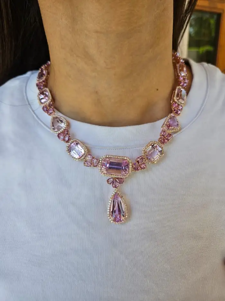 Natural Ceylon Pink Sapphire & Kunzite Necklace - 18k Rose Gold Diamond Necklace - Best Anniversary Gift