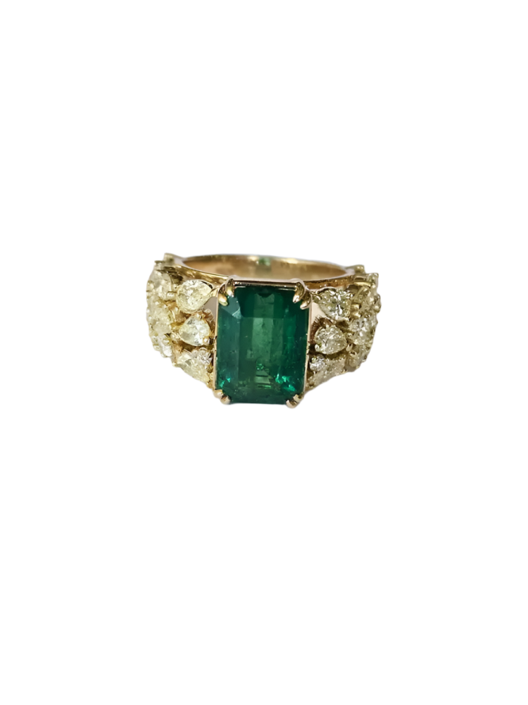 Natural Zambian Emerald Statement Ring - 18k Yellow Gold & Yellow Diamonds Wedding Ring