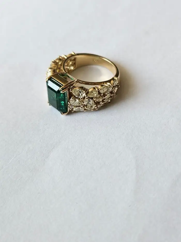 Natural Zambian Emerald Statement Ring - 18k Yellow Gold & Yellow Diamonds Wedding Ring