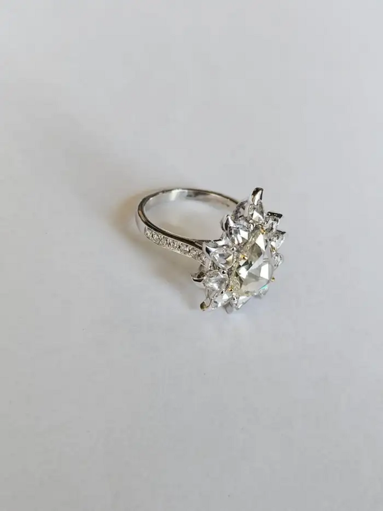 3.86 Ct. Rose Cut Diamonds Engagement Ring - 18k White Gold Handmade Wedding Ring