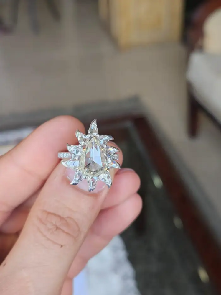 3.86 Ct. Rose Cut Diamonds Engagement Ring - 18k White Gold Handmade Wedding Ring