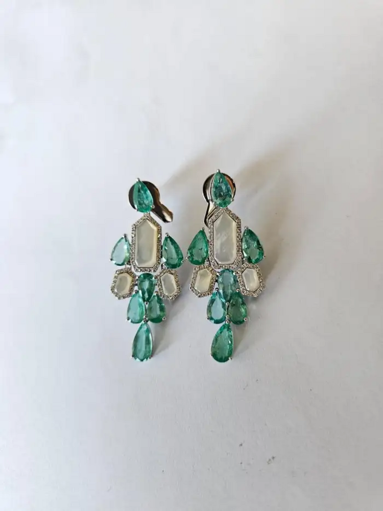 Natural Colombian Emerald & Pearl Chandelier Earrings - 18k White Gold Diamond Dangle Earrings