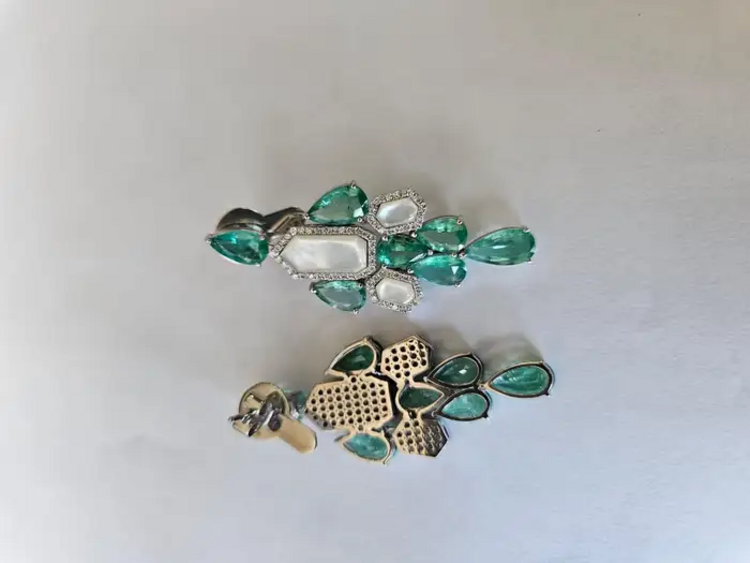 Natural Colombian Emerald & Pearl Chandelier Earrings - 18k White Gold Diamond Dangle Earrings