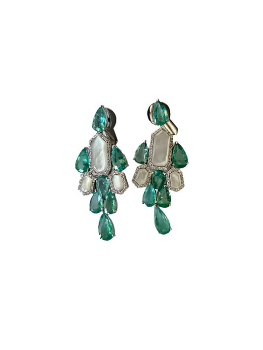 Natural Colombian Emerald & Pearl Chandelier Earrings - 18k White Gold Diamond Dangle Earrings