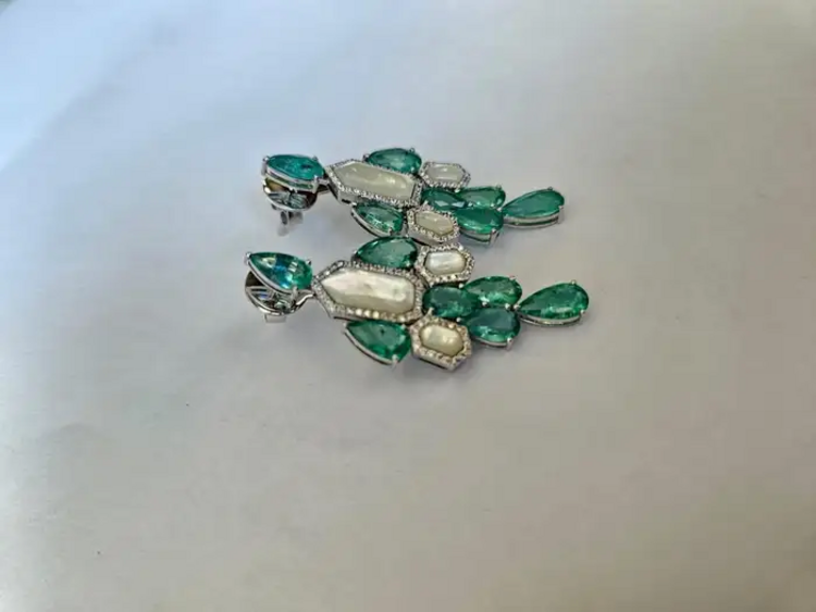 Natural Colombian Emerald & Pearl Chandelier Earrings - 18k White Gold Diamond Dangle Earrings