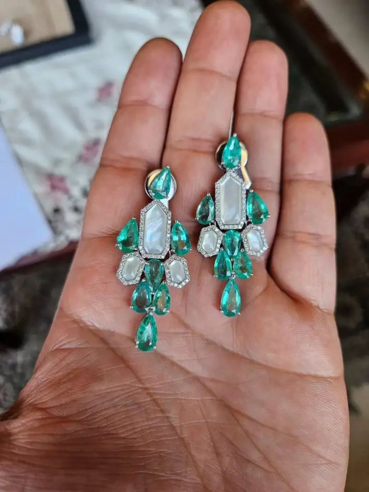 Natural Colombian Emerald & Pearl Chandelier Earrings - 18k White Gold Diamond Dangle Earrings