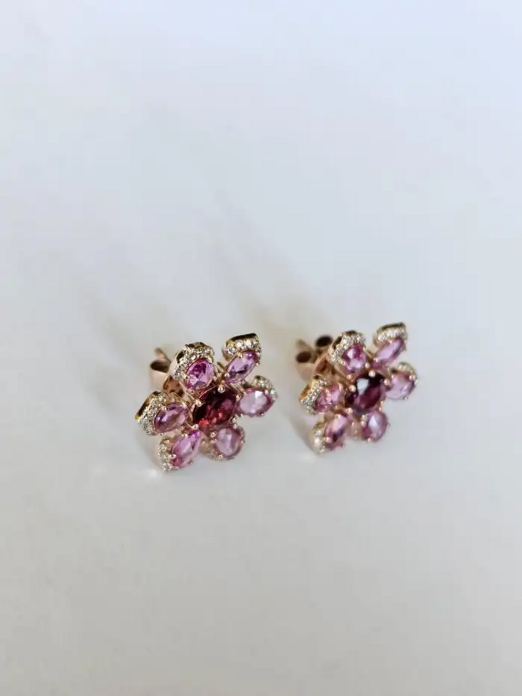 Natural Ceylon Pink Sapphires & Tourmaline Gemstone Floral Stud Earrings - 18k Rose Gold Diamond Earrings