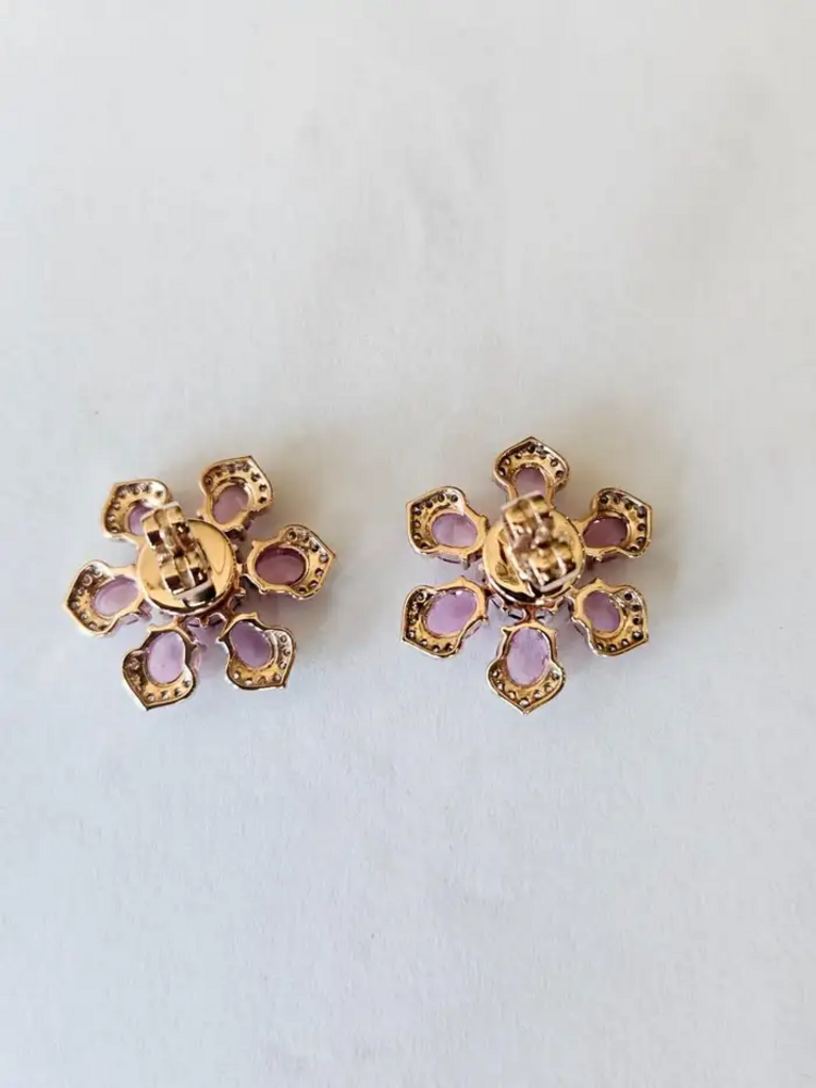 Natural Ceylon Pink Sapphires & Tourmaline Gemstone Floral Stud Earrings - 18k Rose Gold Diamond Earrings