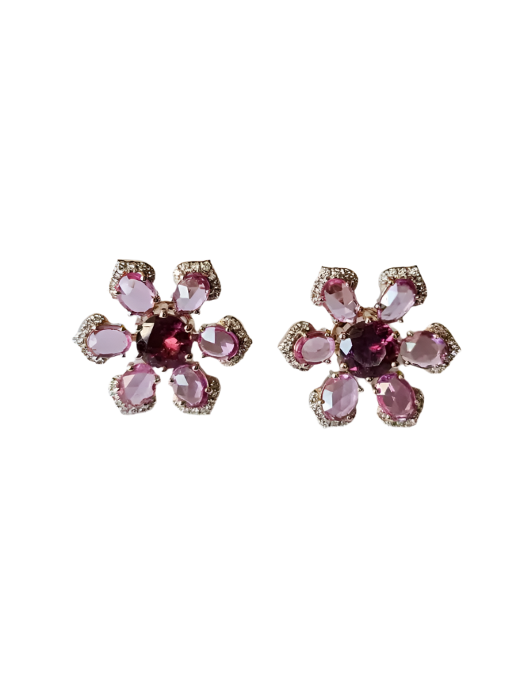 Natural Ceylon Pink Sapphires & Tourmaline Gemstone Floral Stud Earrings - 18k Rose Gold Diamond Earrings