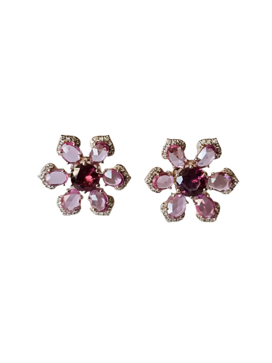 Natural Ceylon Pink Sapphires & Tourmaline Gemstone Floral Stud Earrings - 18k Rose Gold Diamond Earrings