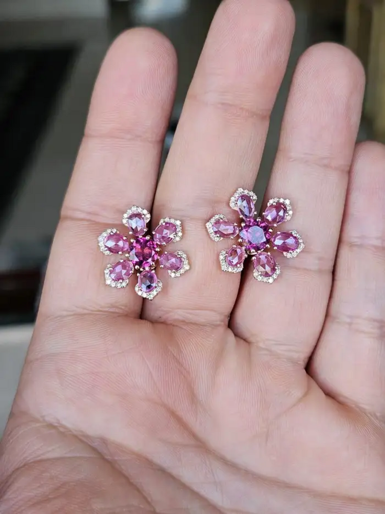 Natural Ceylon Pink Sapphires & Tourmaline Gemstone Floral Stud Earrings - 18k Rose Gold Diamond Earrings