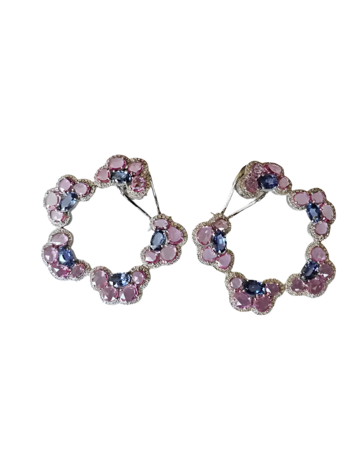 Natural Ceylon Blue & Pink Sapphire Gemstone Hoop Earrings - 18k White Gold Diamond Women Earrings