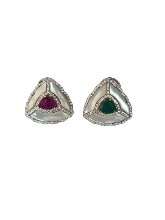 18k White Gold Handmade Diamond Stud Earrings - Natural Zambian Emerald, Mozambique Ruby & Pearl Stud Earrings
