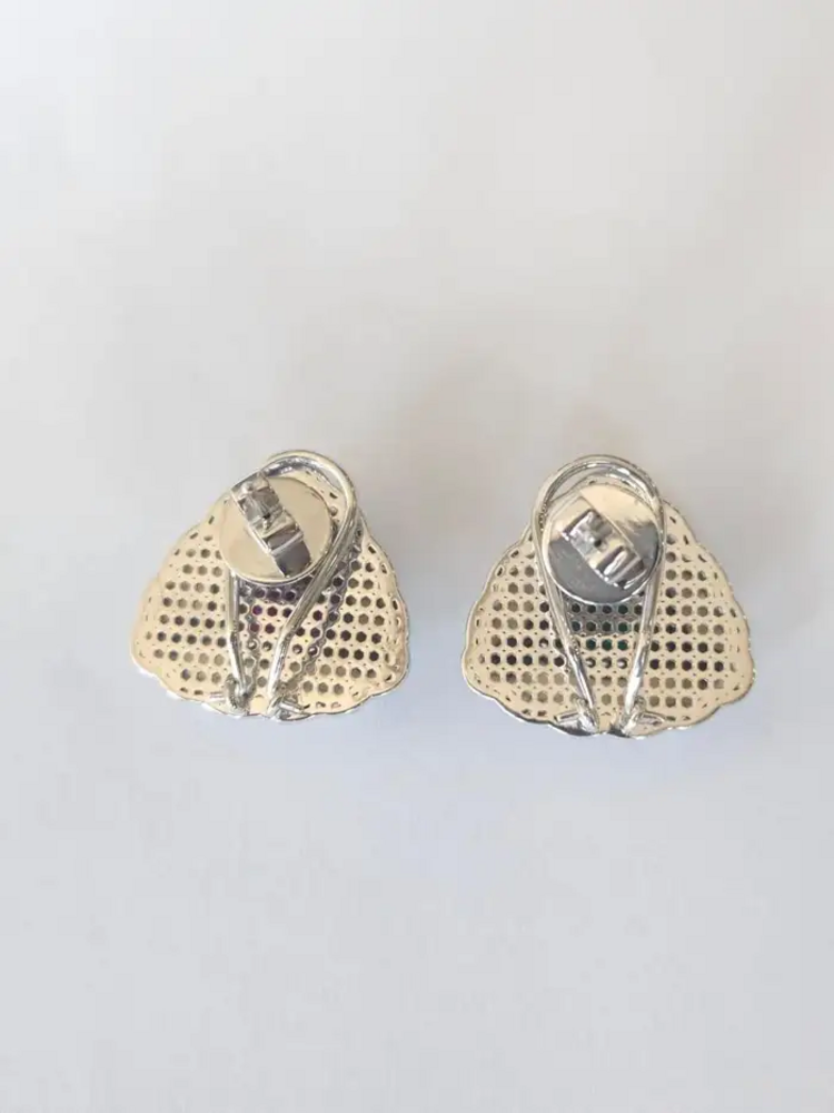 18k White Gold Handmade Diamond Stud Earrings - Natural Zambian Emerald, Mozambique Ruby & Pearl Stud Earrings