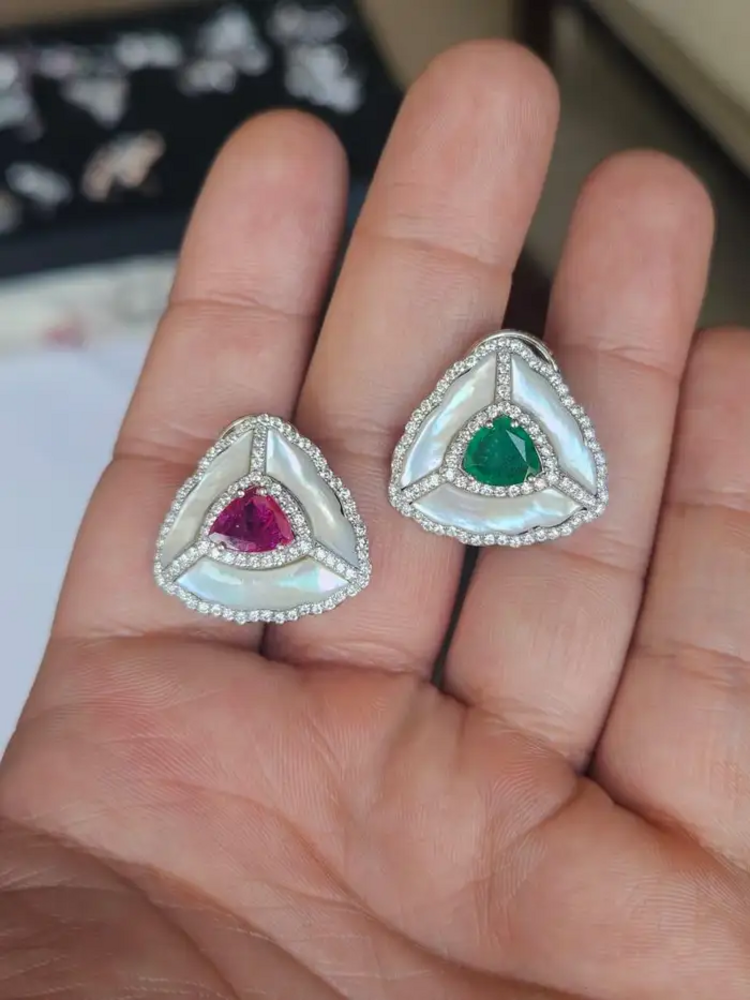 18k White Gold Handmade Diamond Stud Earrings - Natural Zambian Emerald, Mozambique Ruby & Pearl Stud Earrings