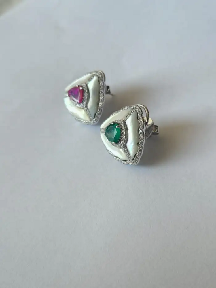 18k White Gold Handmade Diamond Stud Earrings - Natural Zambian Emerald, Mozambique Ruby & Pearl Stud Earrings