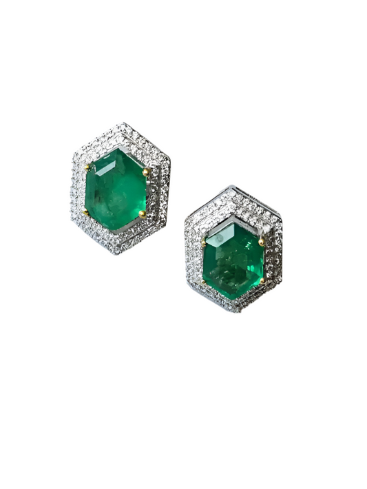 Natural Zambian Emerald Stud Earrings - 18k White Gold Diamond Tiny Stud Earrings