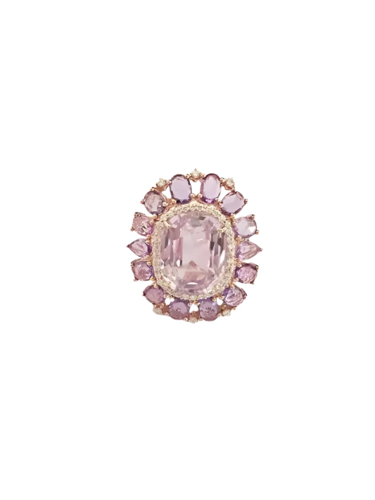 Natural Kunzite & Pink Sapphire Cocktail Wedding Ring - 18k Rose Gold Diamond Statement Ring