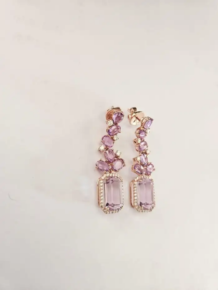 18k Rose Gold Kunzaite Gemstone Dangle Earrings - Natural Diamond & Pink Sapphire Wedding Earrings