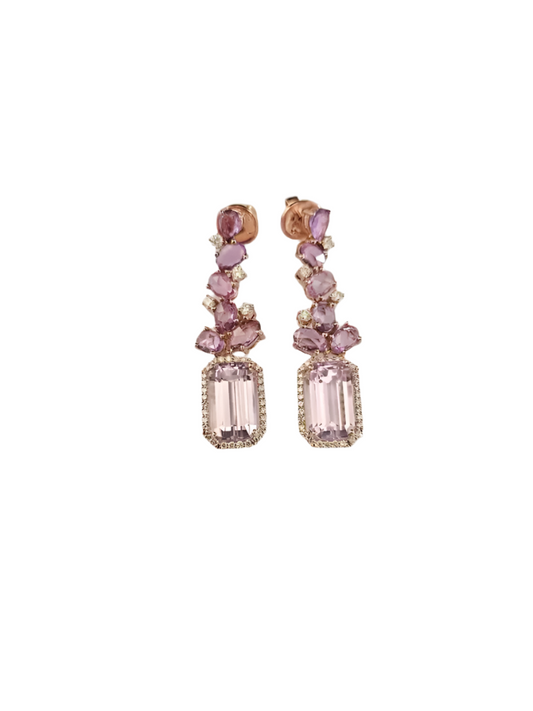 18k Rose Gold Kunzaite Gemstone Dangle Earrings - Natural Diamond & Pink Sapphire Wedding Earrings