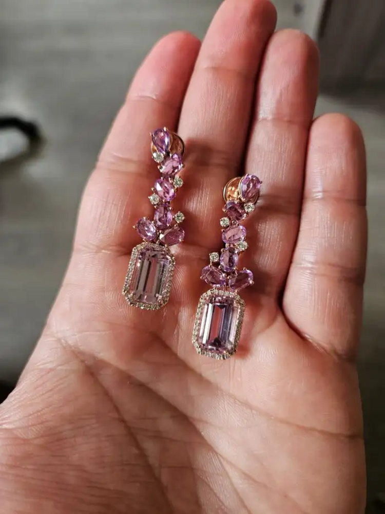 18k Rose Gold Kunzaite Gemstone Dangle Earrings - Natural Diamond & Pink Sapphire Wedding Earrings