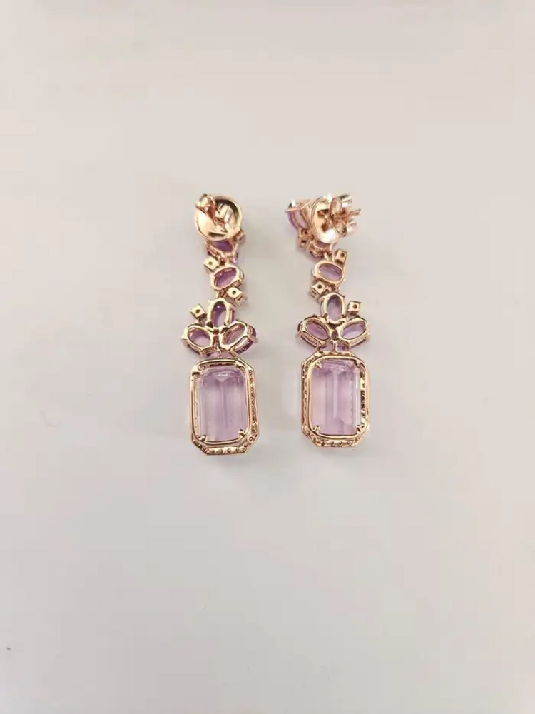 18k Rose Gold Kunzaite Gemstone Dangle Earrings - Natural Diamond & Pink Sapphire Wedding Earrings