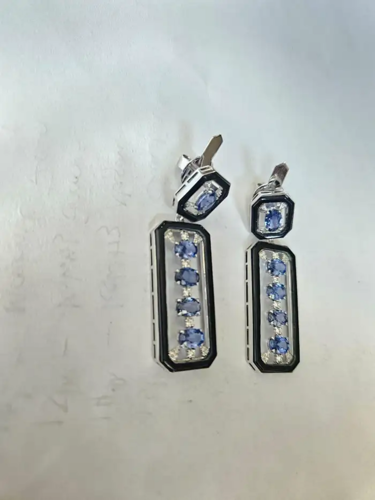 5.59 Ct. Oval Cut Ceylon Blue Sapphire 18k White Gold Earrings - Natural Diamond & Black Onyx Dangle Earrings