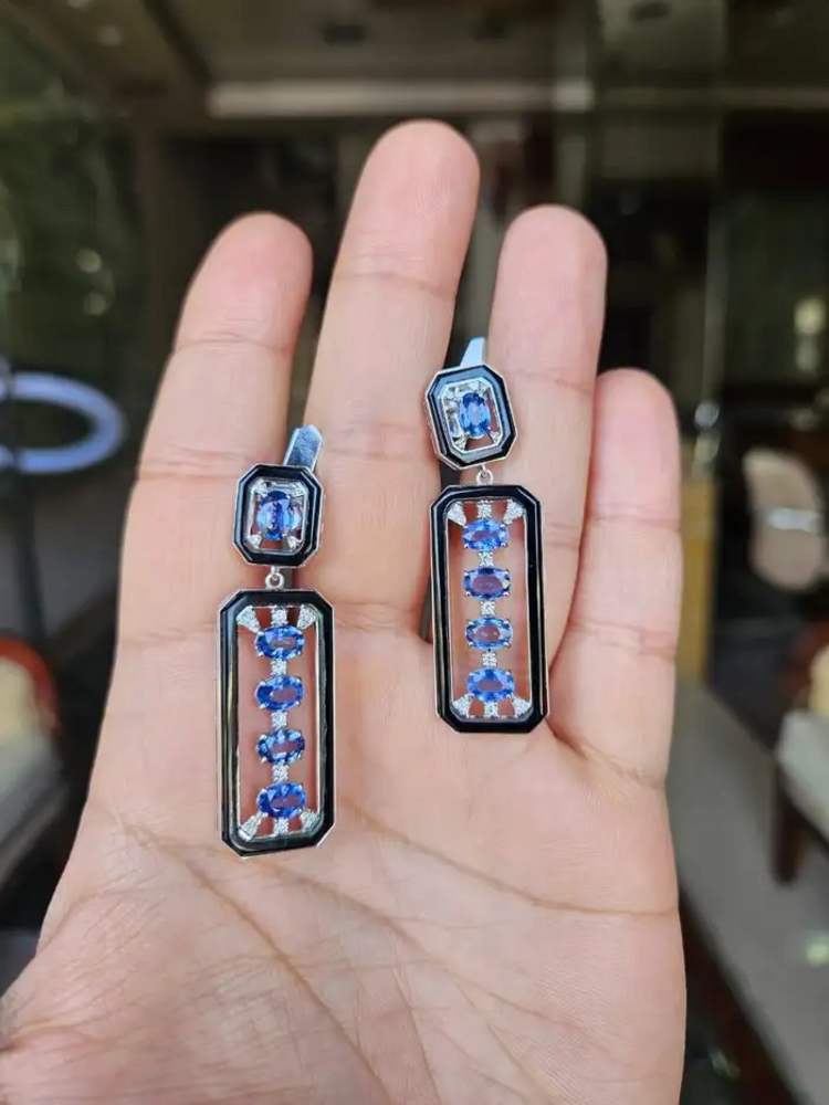 5.59 Ct. Oval Cut Ceylon Blue Sapphire 18k White Gold Earrings - Natural Diamond & Black Onyx Dangle Earrings