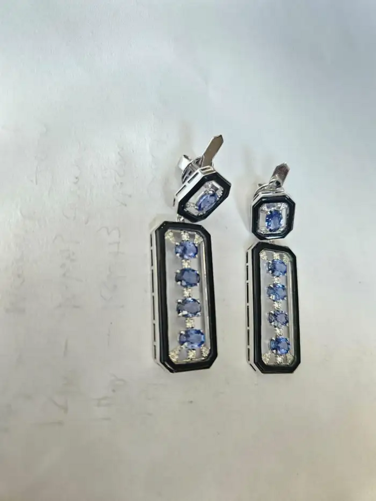 5.59 Ct. Oval Cut Ceylon Blue Sapphire 18k White Gold Earrings - Natural Diamond & Black Onyx Dangle Earrings