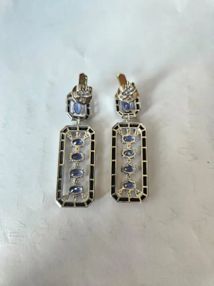 5.59 Ct. Oval Cut Ceylon Blue Sapphire 18k White Gold Earrings - Natural Diamond & Black Onyx Dangle Earrings