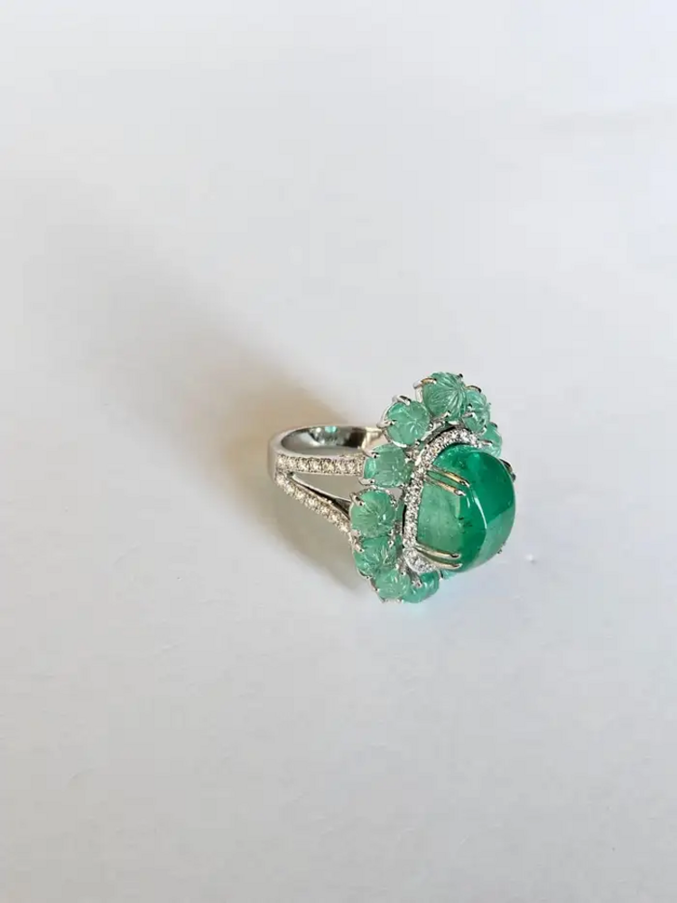 Natural Colombian Emerald Dome Ring - 18k White Gold Diamond Cocktail Ring - Wedding Gift