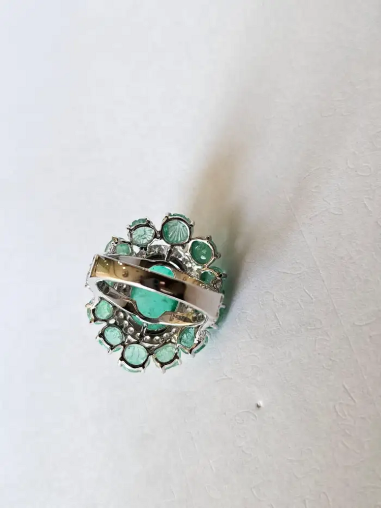 Natural Colombian Emerald Dome Ring - 18k White Gold Diamond Cocktail Ring - Wedding Gift