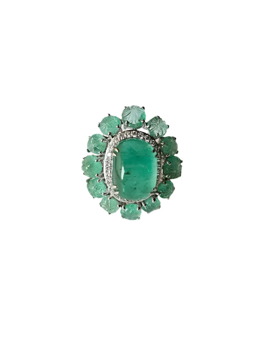 Natural Colombian Emerald Dome Ring - 18k White Gold Diamond Cocktail Ring - Wedding Gift