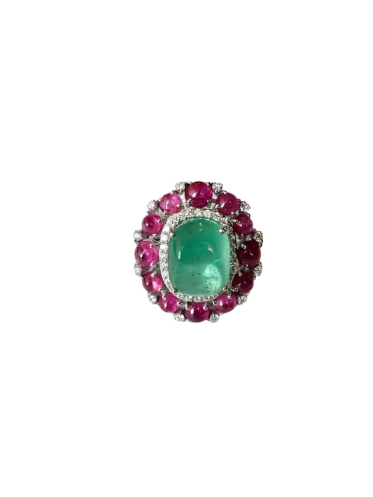 18k White Gold Diamond Cocktail Ring - Natural Colombian Emerald & Ruby Statement Ring